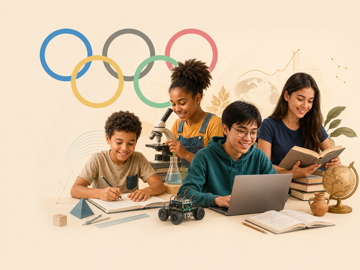 Estudantes a resolver problemas de matemática, a usar um microscópio, um robô e um globo, com os anéis olímpicos ao fundo